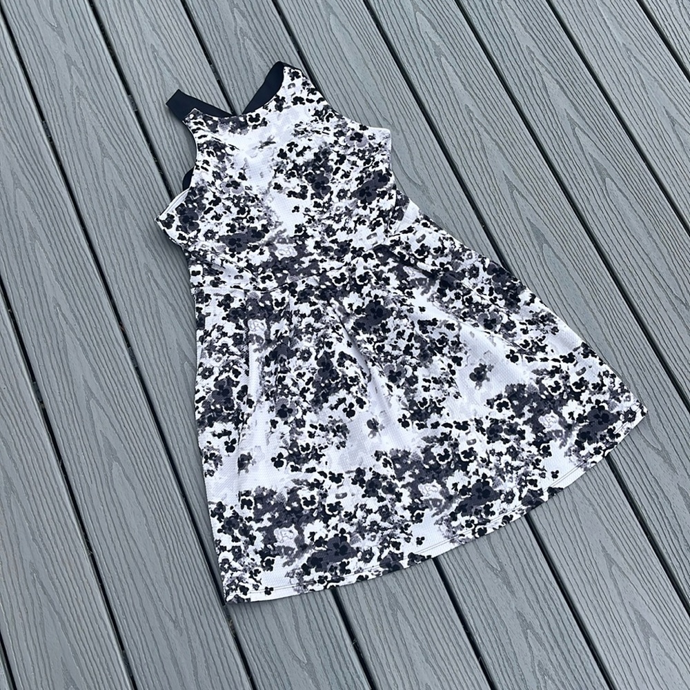 White and Black High Neck Dress with Watercolor Flowers